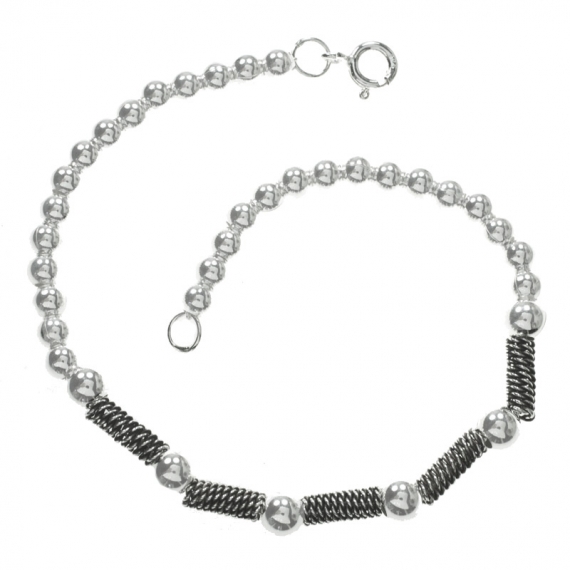 Pulsera Bali bolas y cordón Plata de Ley