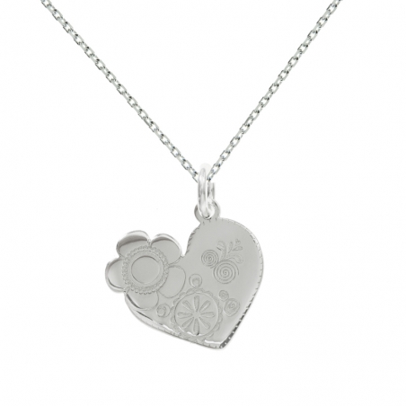Collar corazón flor labrada Plata de Ley