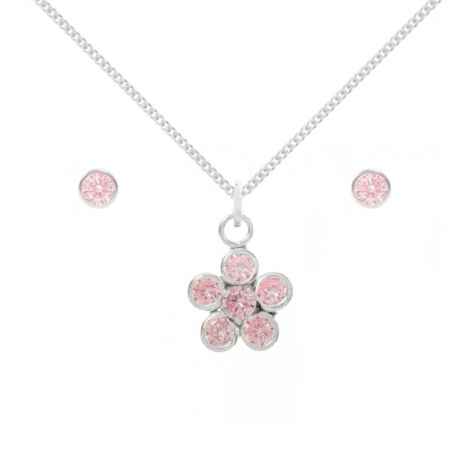Conjunto flor rosa Plata de Ley