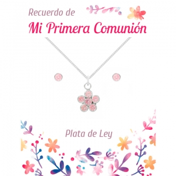 Conjunto flor rosa Plata de Ley