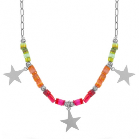 Collar estrellas y abalorios fucsia acero