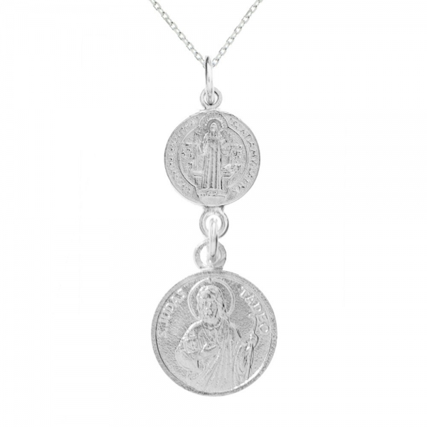 Medalla doble San Judas & San Benito Plata de Ley