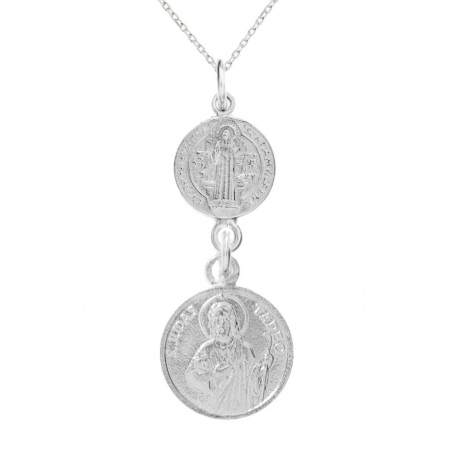 Medalla doble San Judas & San Benito Plata de Ley